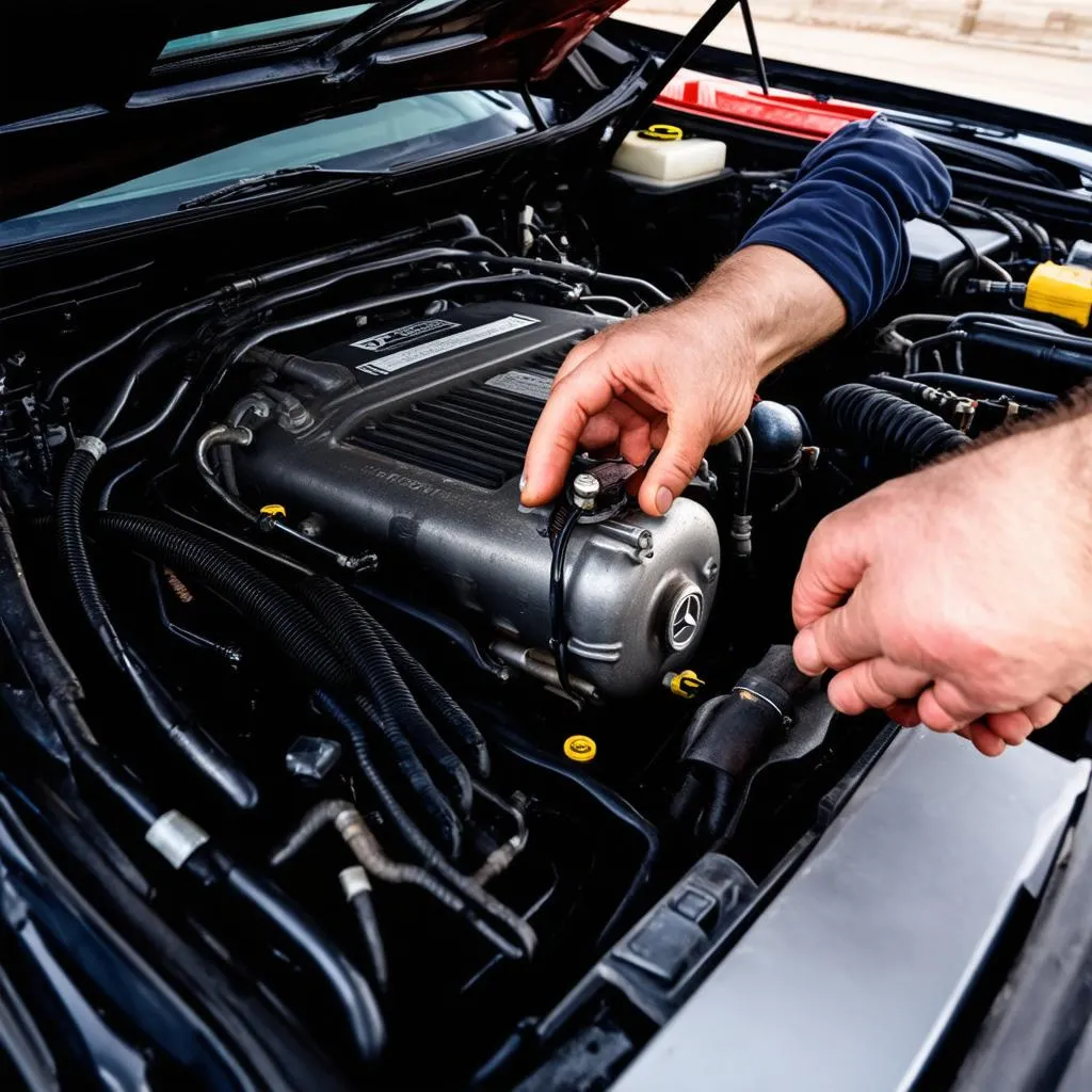 Mechanic inspecting engine bay of a 1997 Mercedes E420